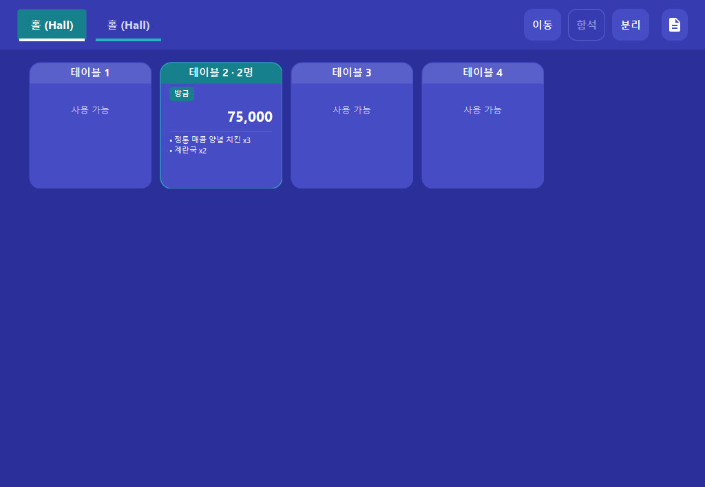 스코어보드 테이블 화면: 테이블별 사용 상태와 주문 금액