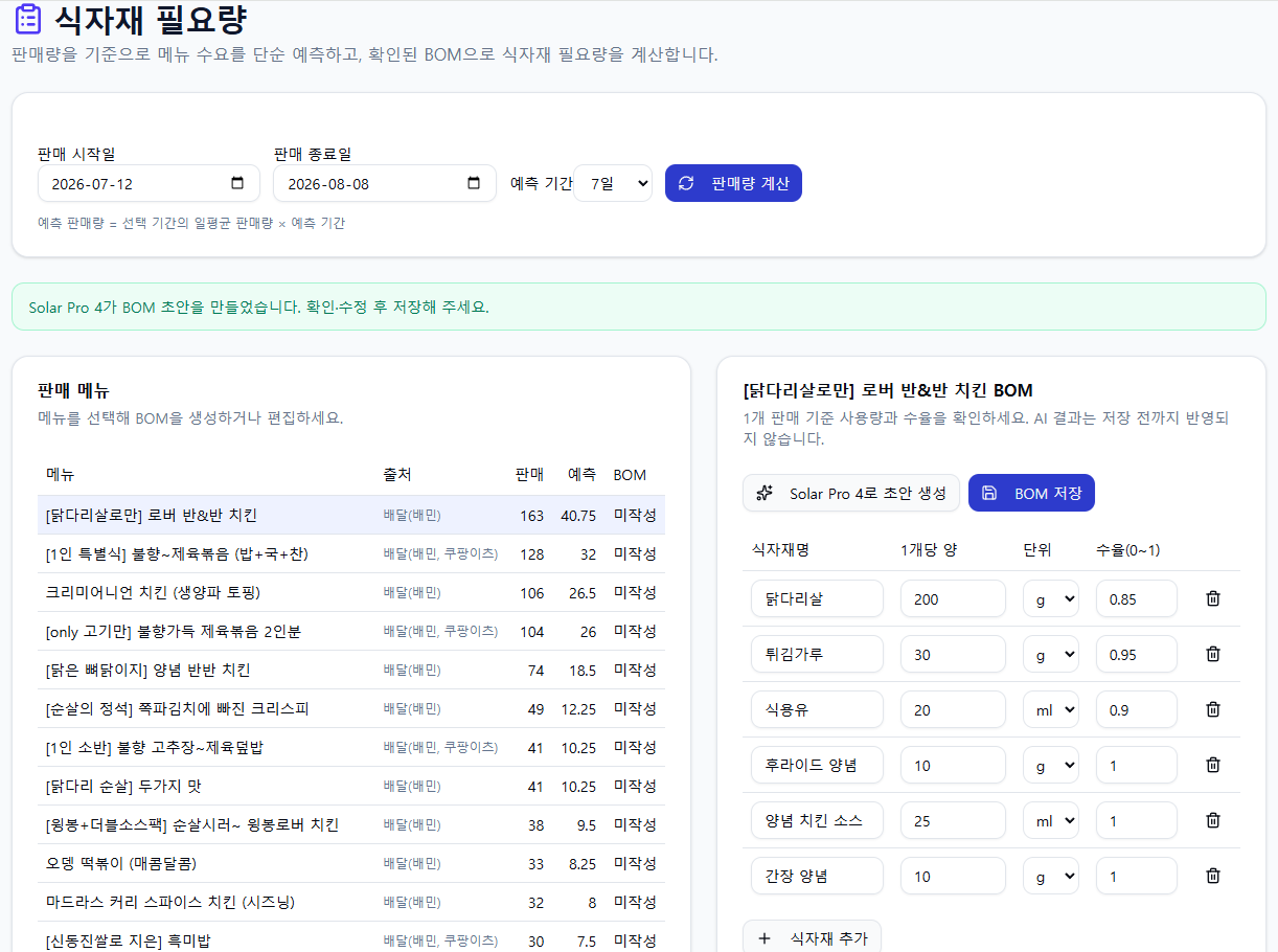 AI가 추천한 식자재 소모량(BOM) 초안 확인 및 수정 화면